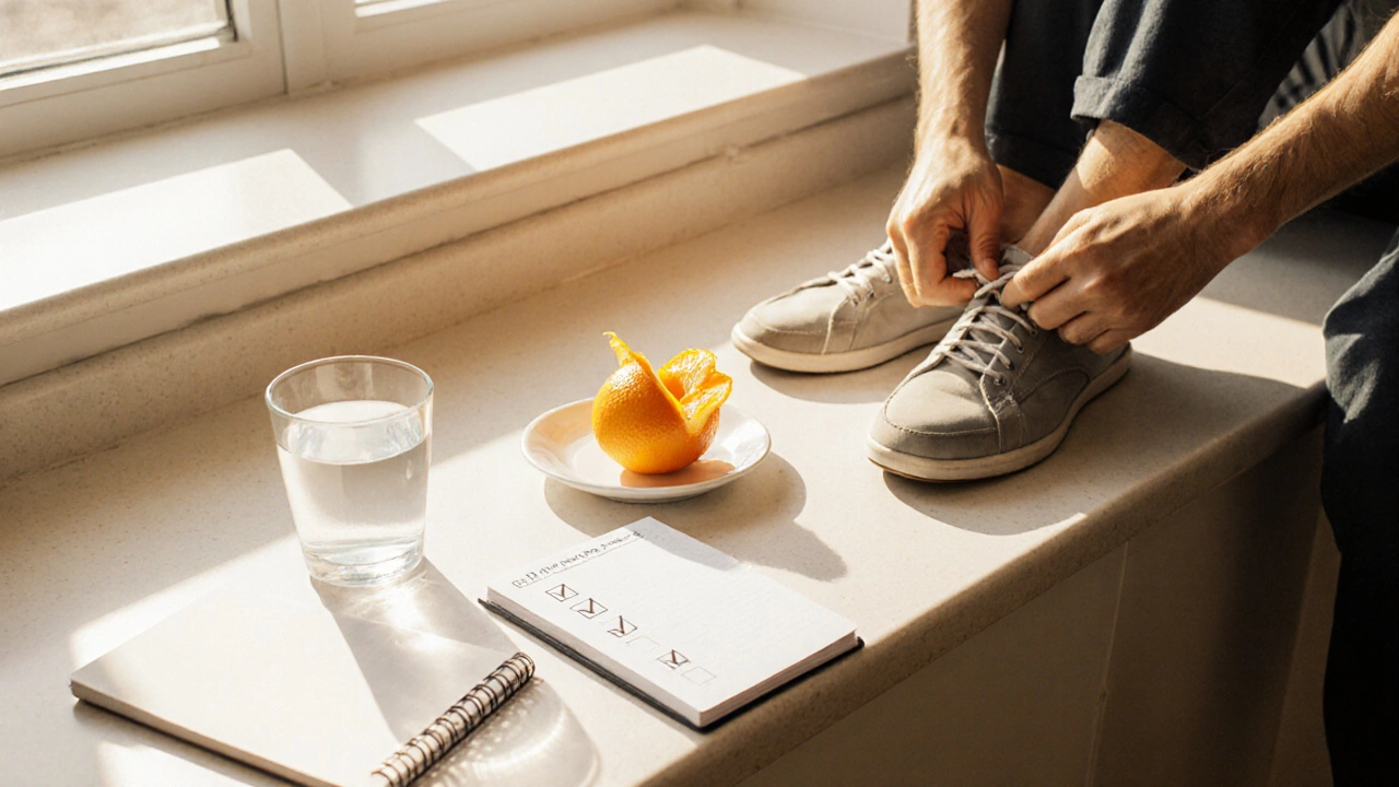 Человек готовится к анализу: вода, фрукты, чек‑лист в уютной кухне.