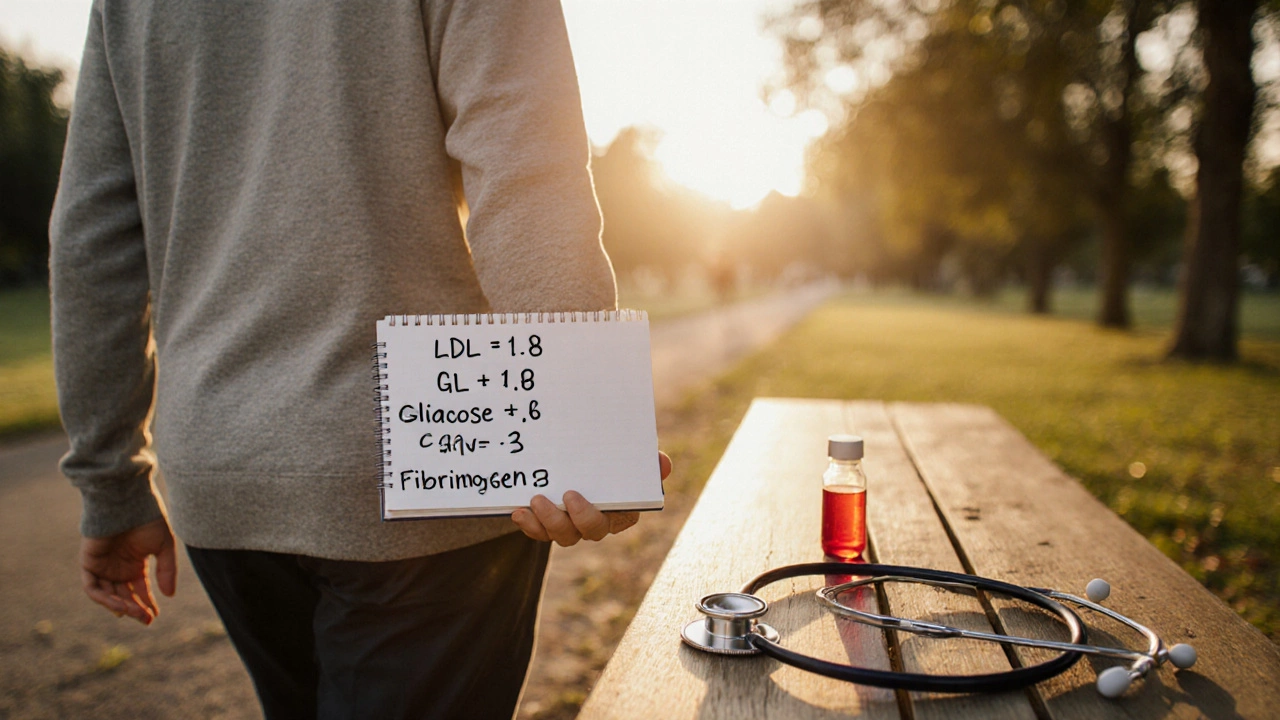 Человек гуляет на рассвете, в руке — запись нормальных показателей крови, символ профилактики инсульта.