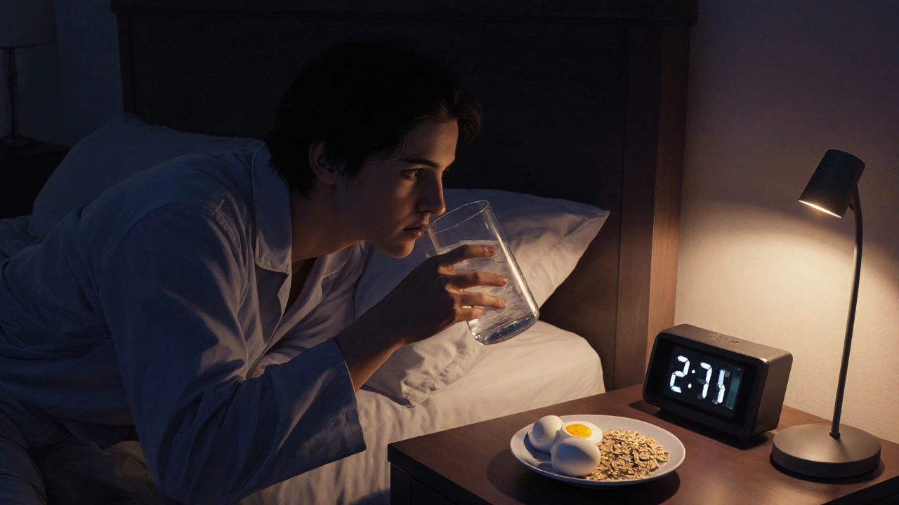 Человек пьет воду перед сном, готовясь к утренней сдаче крови, на тумбочке — простая еда без сахара и жира.