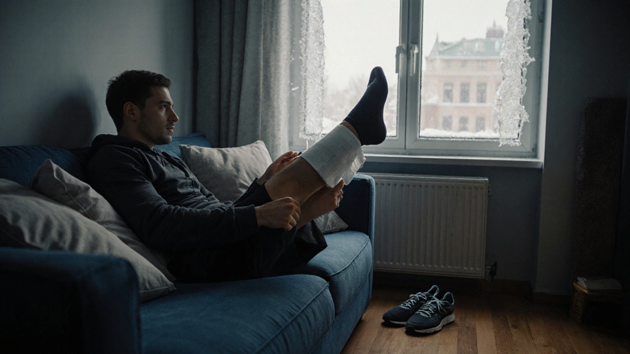 Человек прикладывает лед и бинт к травмированной икре, нога приподнята на подушках.