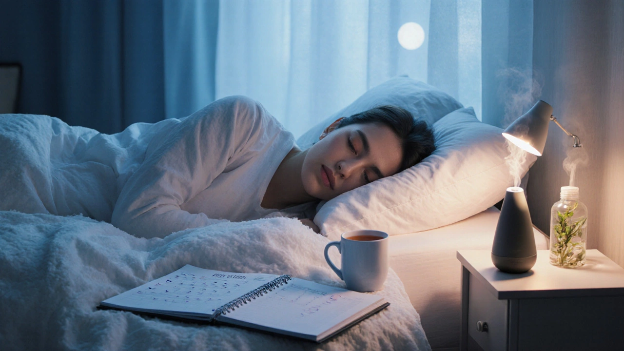 Человек спит в спокойной комнате, рядом ночник, план восстановления, травяной чай и ароматический диффузор.