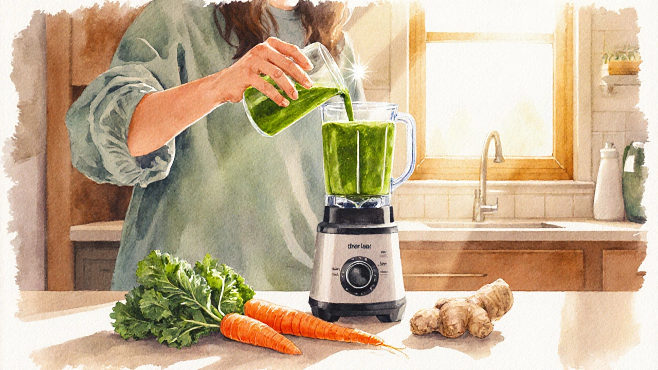 Человек в светлой кухне наливает зелёный смузи, глаза слегка блестят.