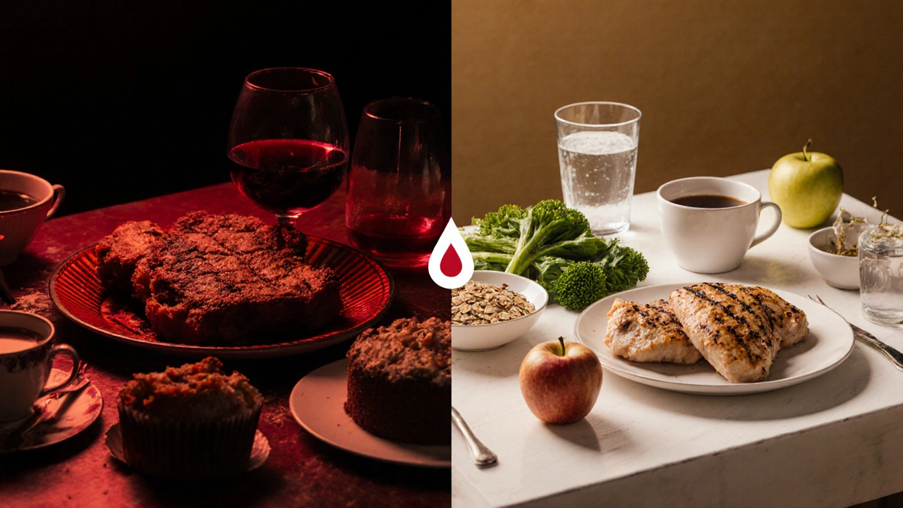 Два пути: слева — запрещенные продукты под красным светом, справа — правильное питание в мягком свете.