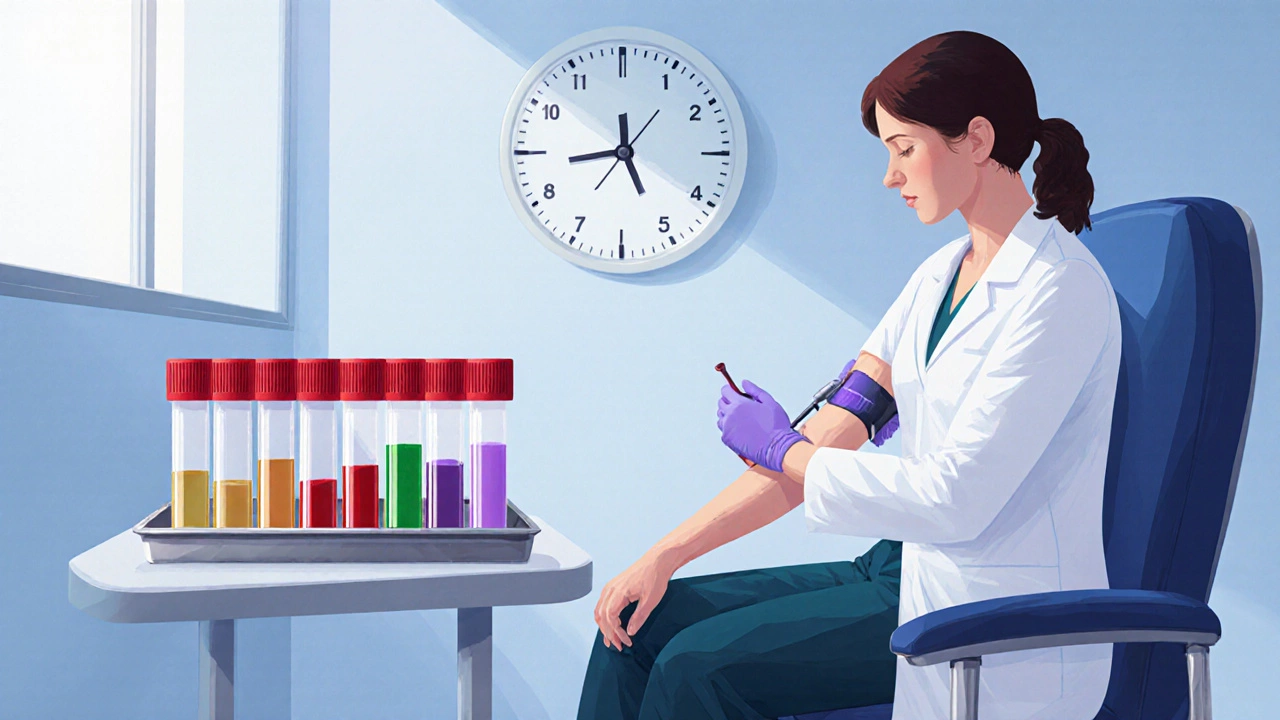 Флеботомист берёт кровь у пациента, рядом стол с набором пробирок и настенными часами, показывающими 8:00.