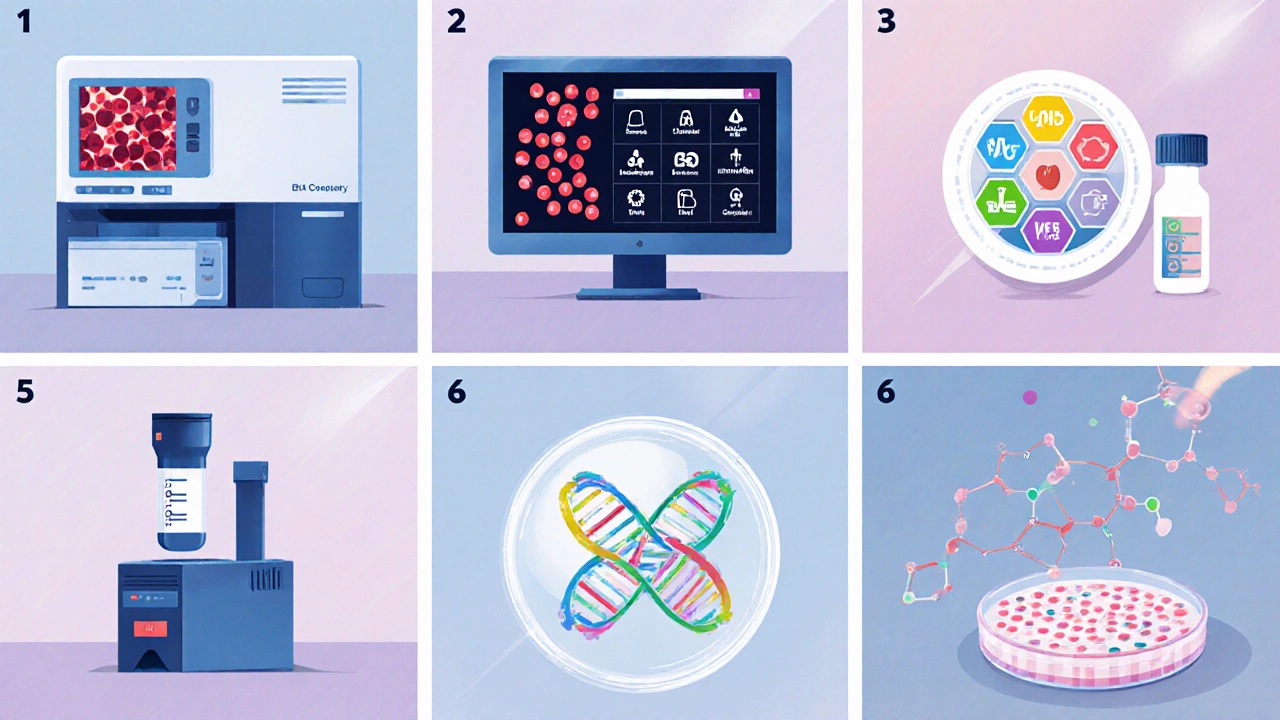 Коллаж из шести видов анализов: кровь, биохимия, иммунный, гормоны, генетика, культура.