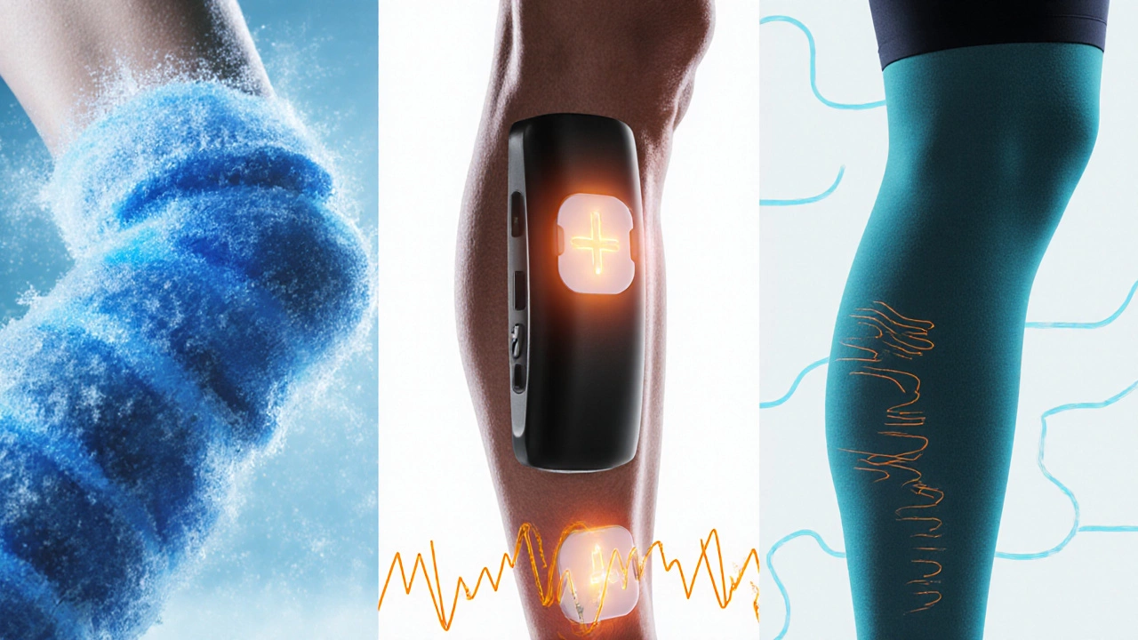 Локальная криотерапия, компрессия и электростимуляция показаны на ноге с визуальными линиями кровотока.
