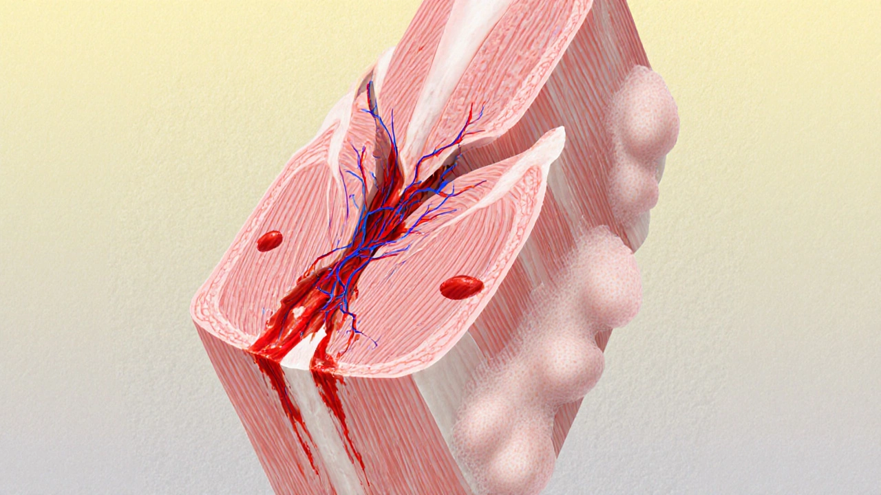 Микроскопическое изображение разорванных мышечных волокон с внутренним кровоизлиянием.