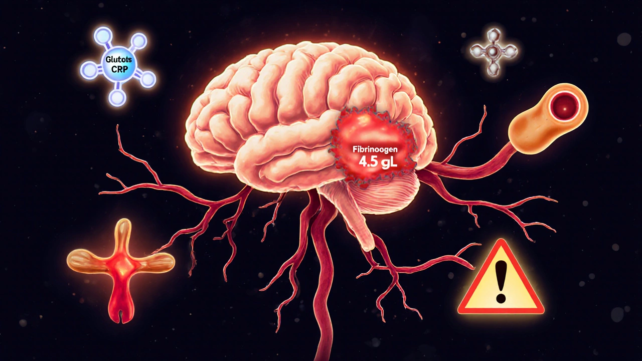 Мозг с закупоренным и разорванным сосудом, вокруг — маркеры инсульта: фибриноген, СРБ, глюкоза и холестерин.