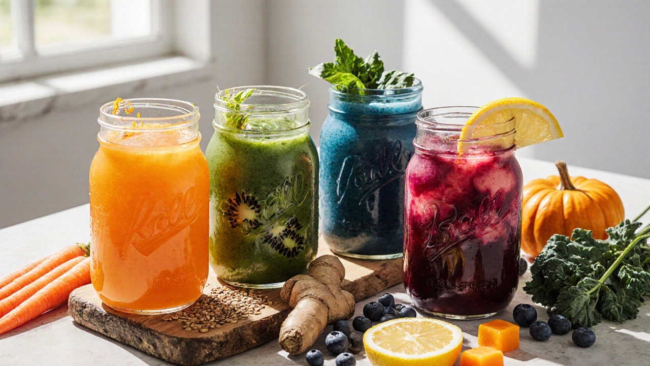 Пять стаканов разных полезных напитков с свежими ингредиентами на деревянном столе.