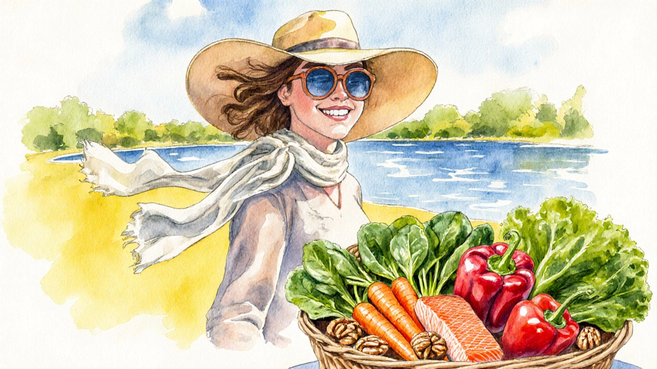 Person outdoors wearing UV sunglasses, surrounded by carrots, spinach, peppers, walnuts and salmon.