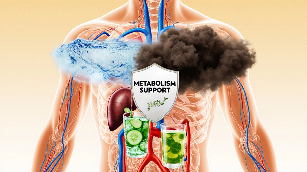 Прозрачное тело с потоками полезных напитков через органы, вредные напитки — как токсичные облака.