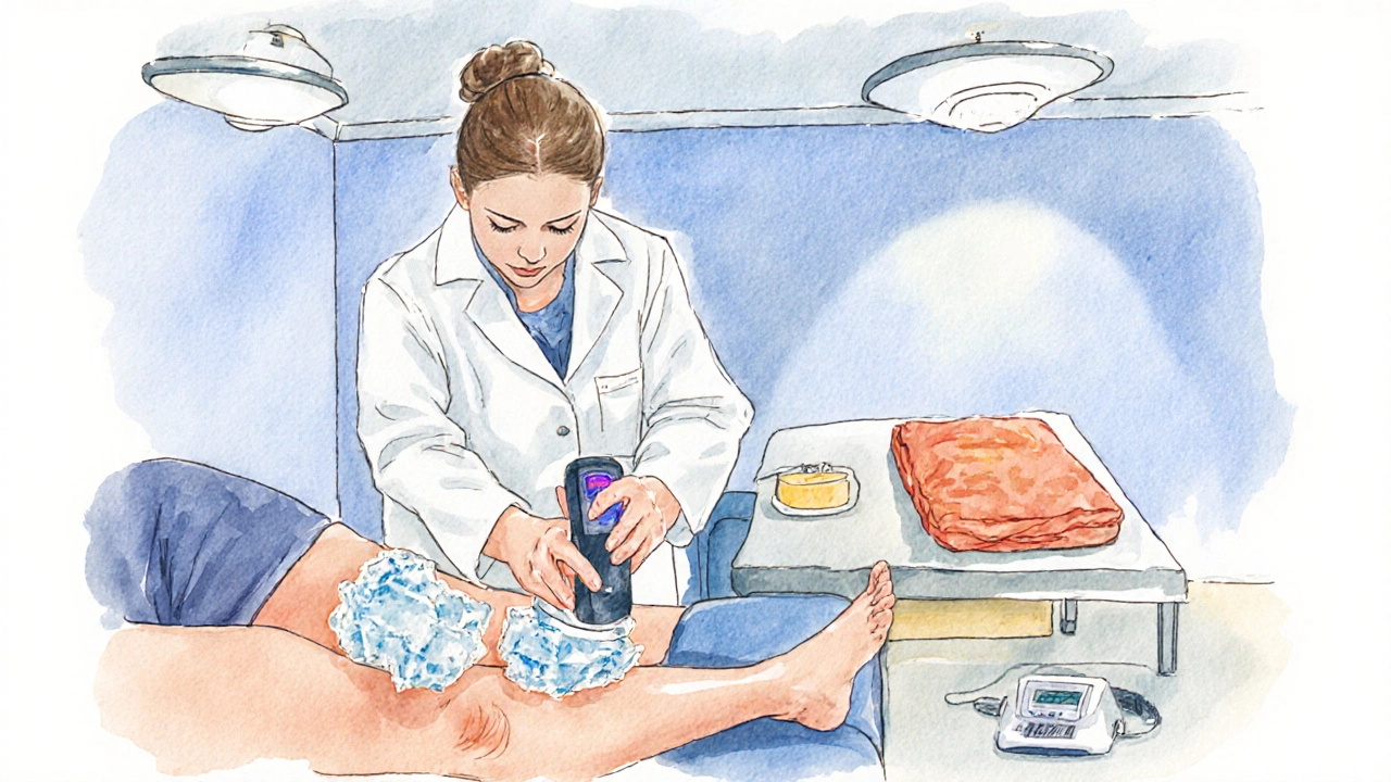 Сеанс физиотерапии: терапевт применяет криотерапию и электростимуляцию к пациенту.