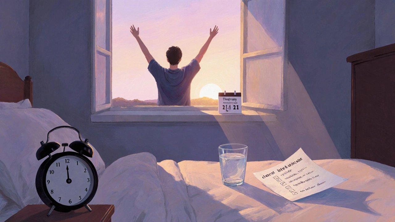 Спальная комната на рассвете: будильник, стакан воды, человек в позе растяжки, символизирующий подготовку к утреннему анализу.