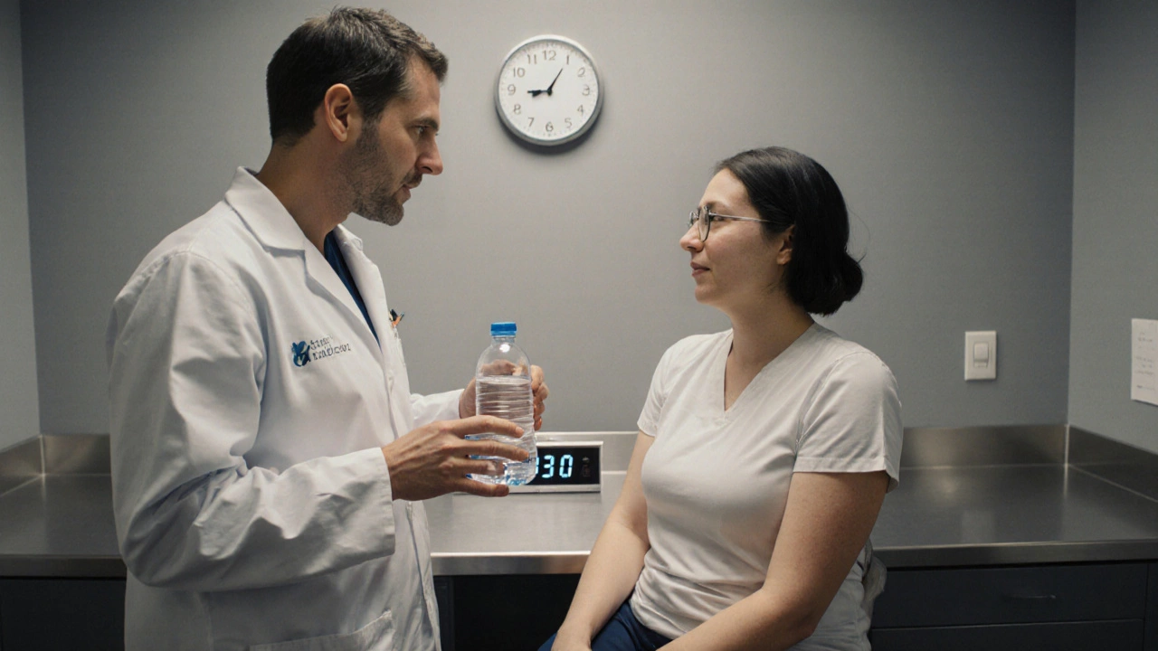 Техник разговаривает с пациентом, который только что выпил воду перед сдачей крови.