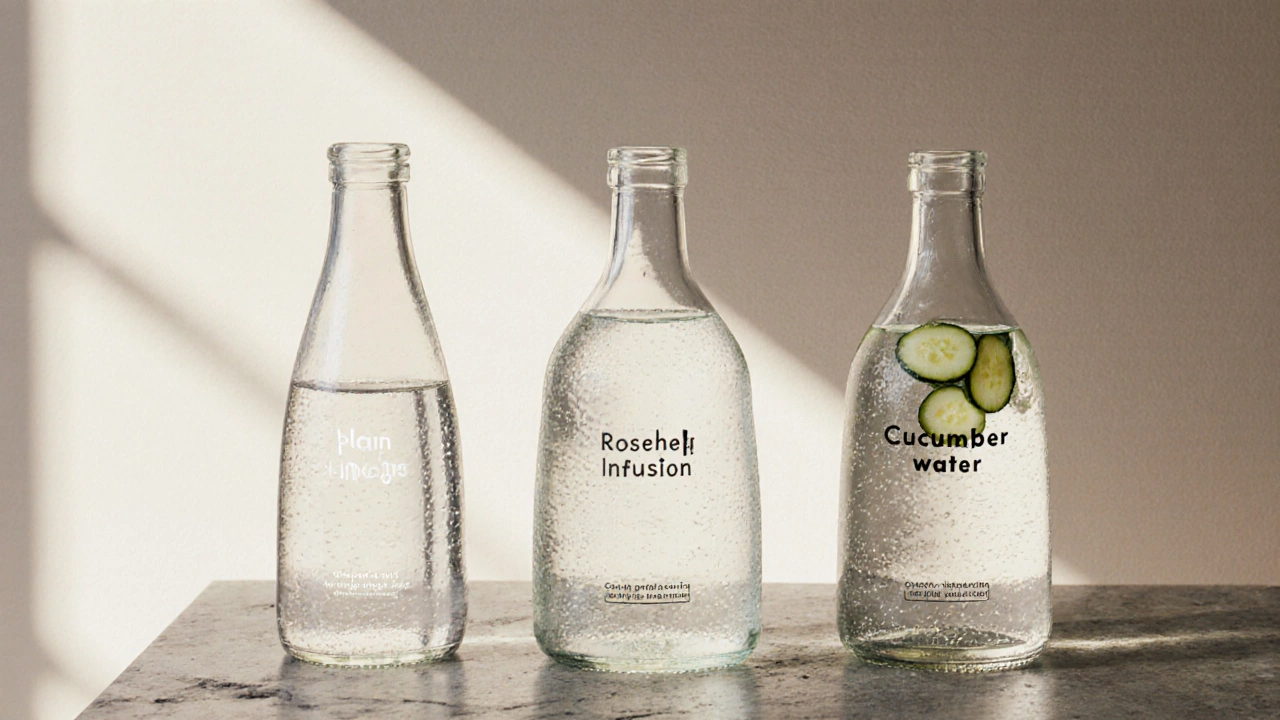 Три стеклянные бутылки с полезными напитками на каменном столе при мягком солнечном свете.