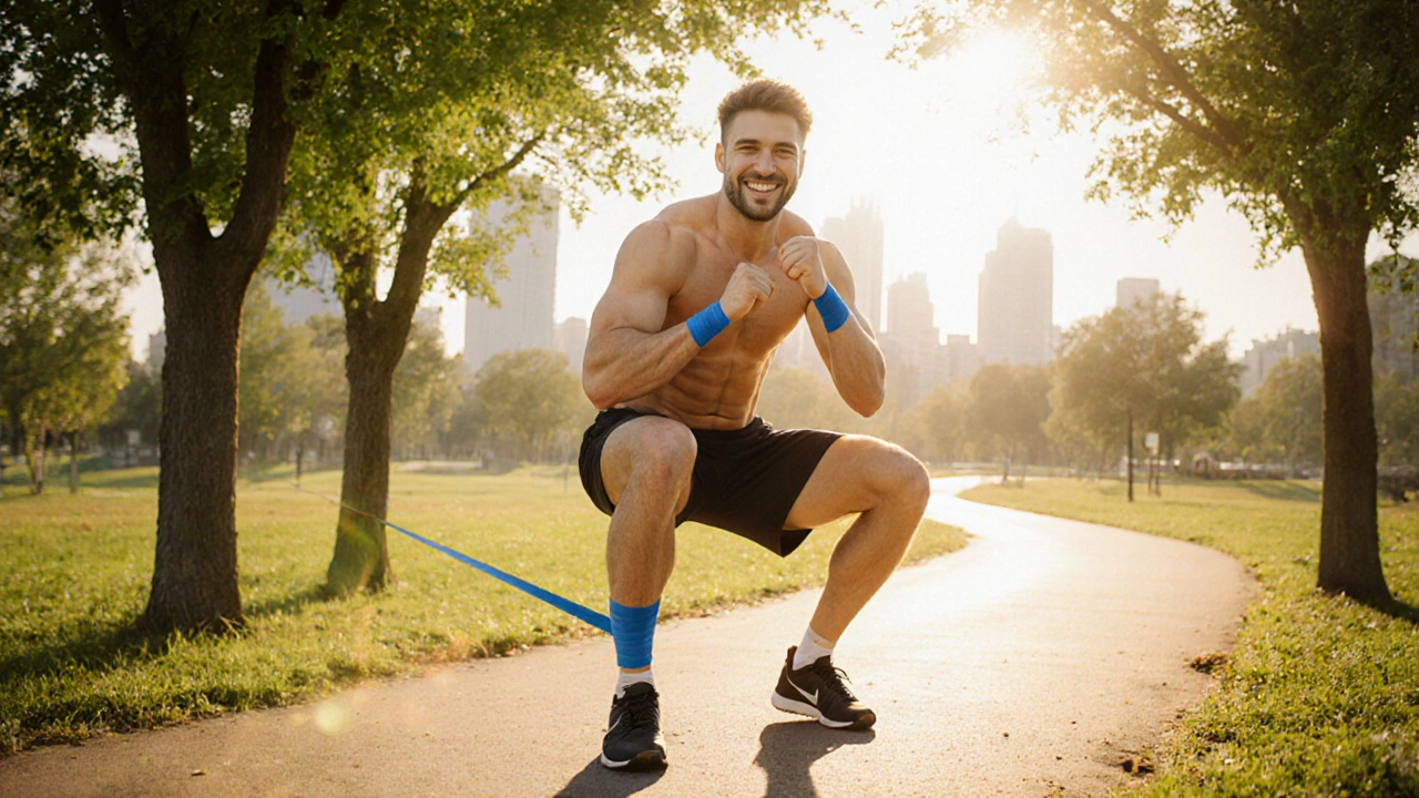 Восстановившийся человек делает присед в парке, с бинтом и тейпом на ноге.