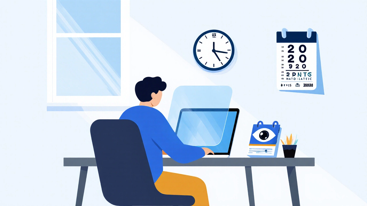 Workstation scene with laptop, blue‑light filter, clock showing 20‑20‑20 reminder.