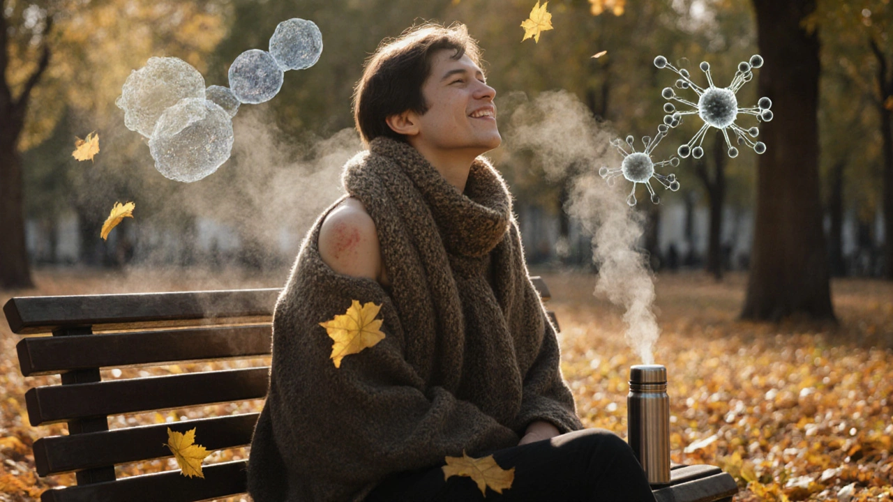Человек медитирует в парке, укутанный шарфом, с термосом воды, осенью в Москве.