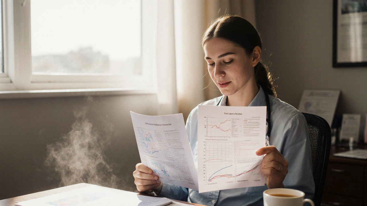 Человек в кабинете врача смотрит на результаты анализов, солнечный свет падает на бумаги, на столе — графики гормонов и уровень глюкозы.