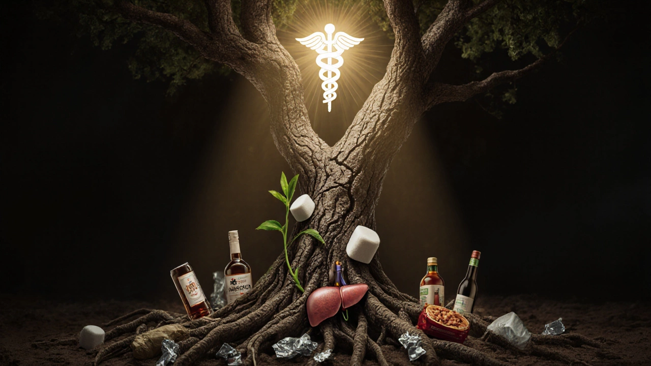 Дерево-печень, корни которого оплетены сахаром и алкоголем, с зеленым ростком исцеления