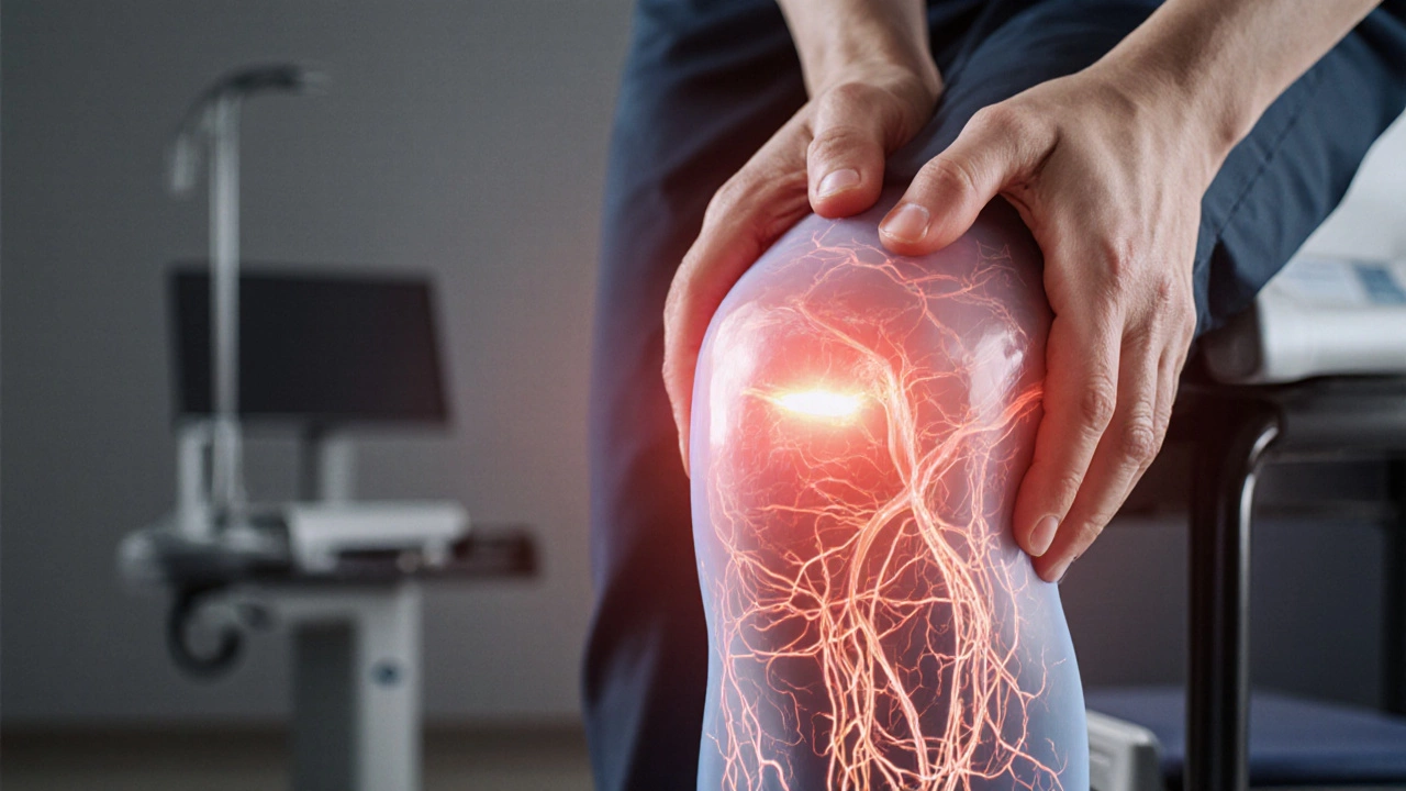 Физиотерапевт помогает пациенту выполнять упражнения для колена с тепловым лечением.