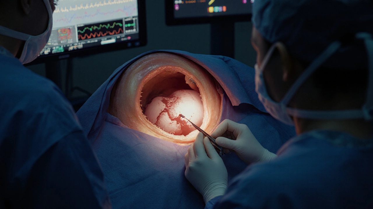 Хирург удаляет кисту лапароскопически, сохраняя яичник, в условиях операционной.