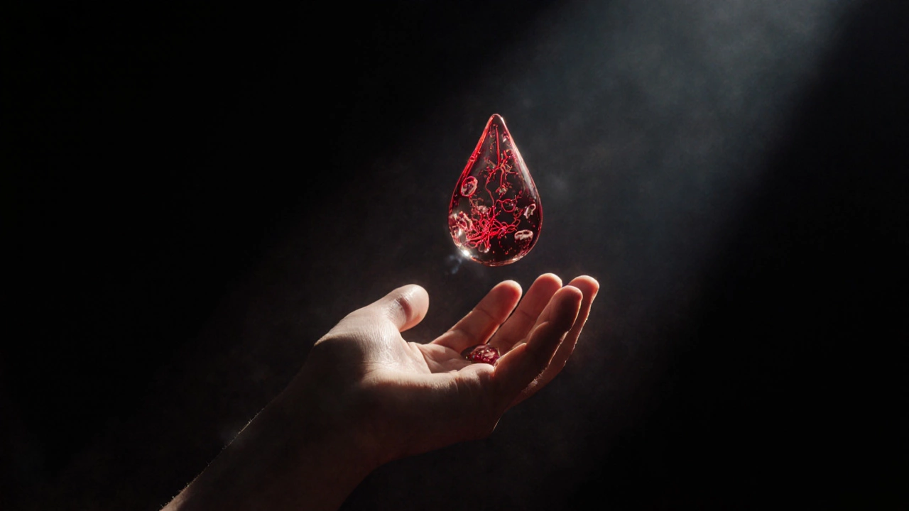 Капля крови с внутренними светящимися потоками, символизирующими скрытые нарушения в организме.