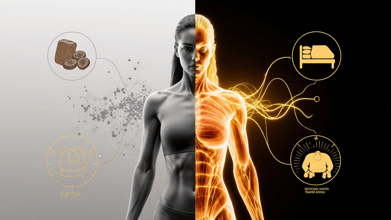 Концептуальное изображение тела: слева — замедленный метаболизм, справа — активные мышцы и энергия.