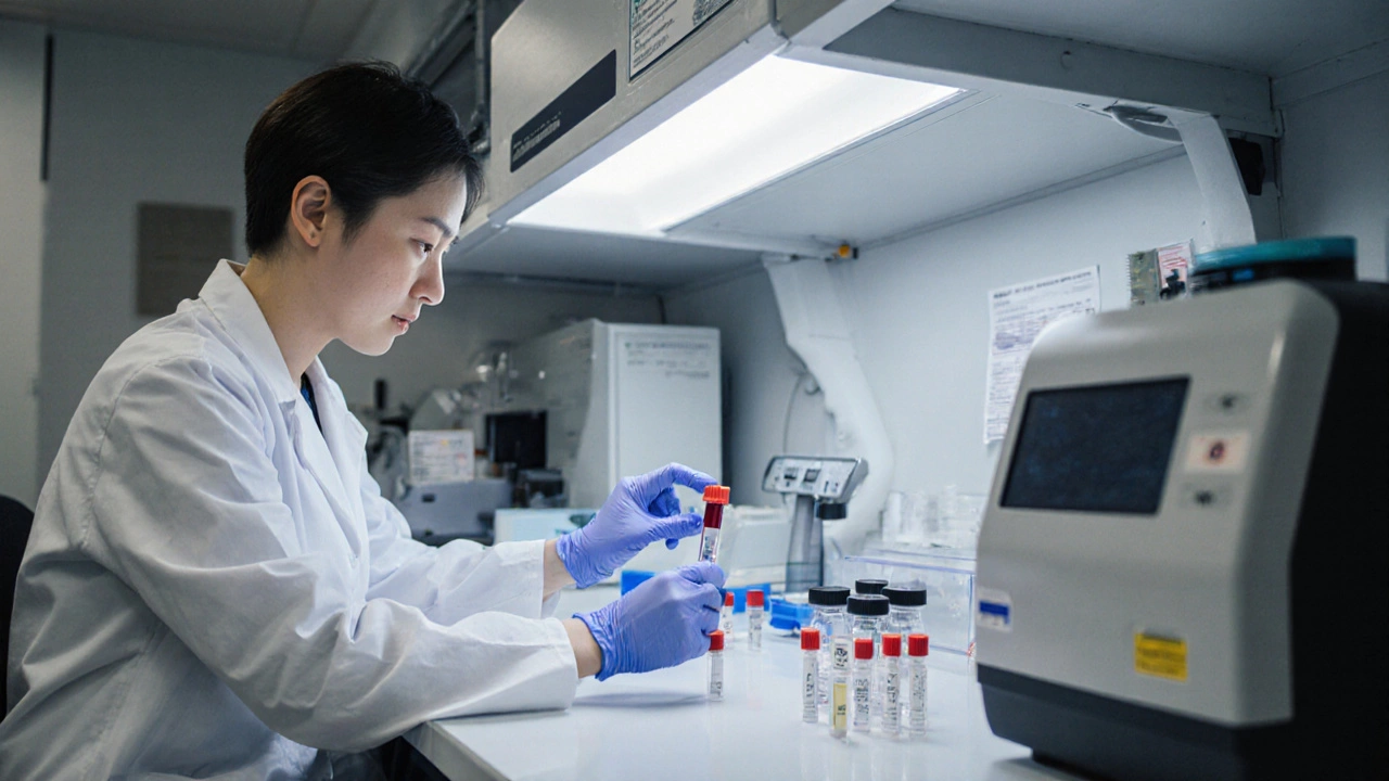 Медик берет пробу крови в лаборатории с современным оборудованием.