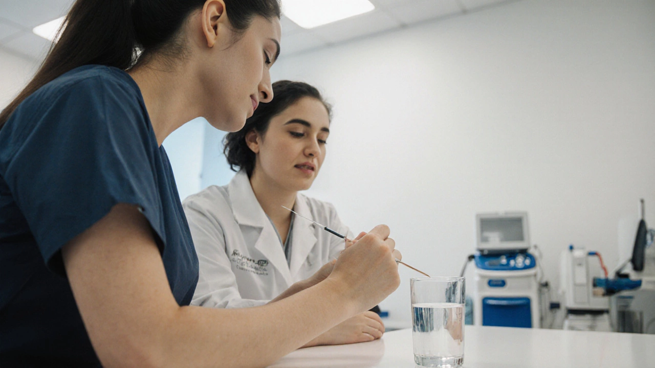 Медсестра берёт кровь из вены, рядом стоит стакан воды.