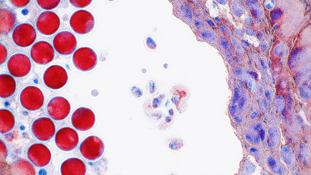 Микроскопическое изображение аномальных красных и белых кровяных клеток в лабораторном стиле.