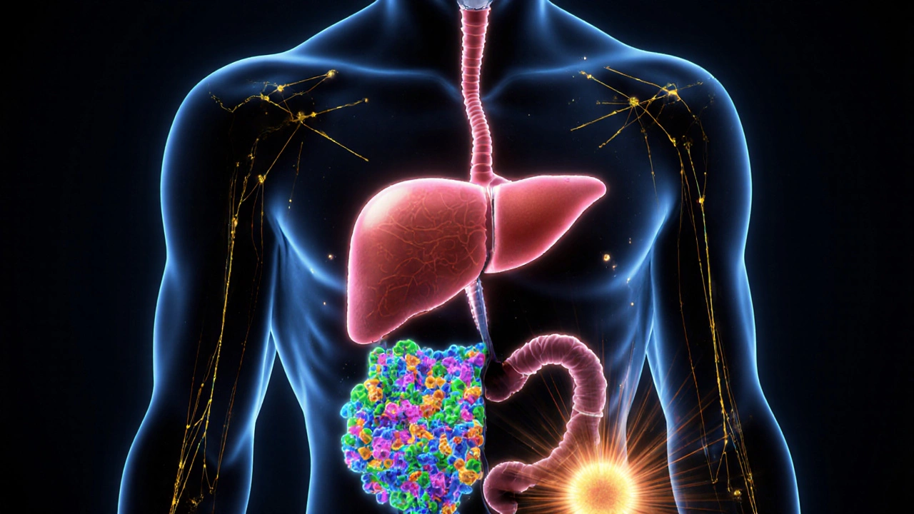 Схематичное изображение человека с обозначенными системами обмена: щитовидная железа, кишечник, надпочечники и витамин D, соединенные светящимися путями.