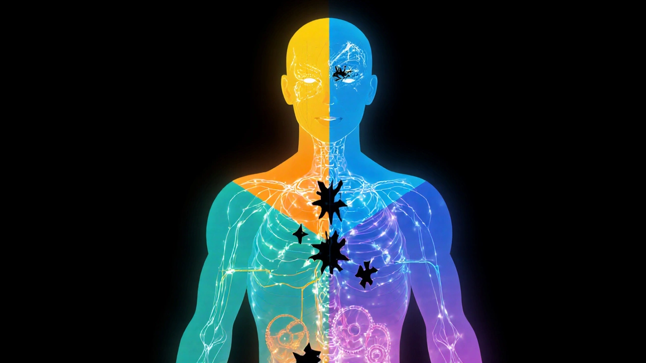 Силуэт человека с цветными зонами метаболических систем и нарушенными связями