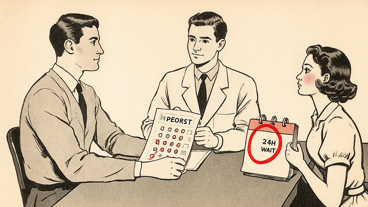 Врач показывает анализ мочи пациентам, на столе календарь с отмеченным 24-часовым ожиданием.