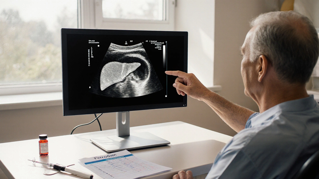 Врач показывает пациенту результат УЗИ печени в клинической обстановке