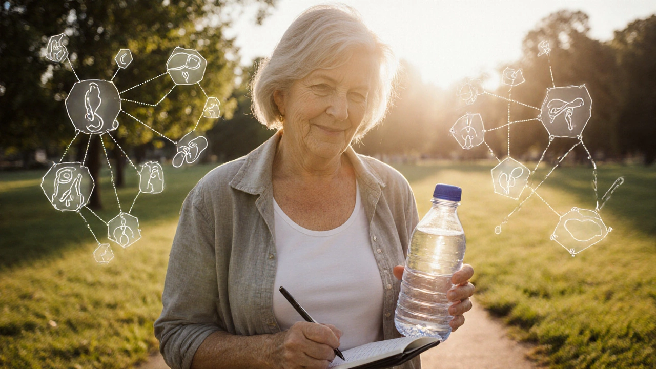 Женщина гуляет на рассвете, записывая симптомы, с метаболическими путями в фоне