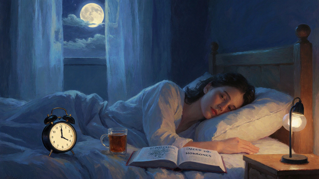 Женщина спит в спокойной комнате с теплым светом и чашкой травяного чая.