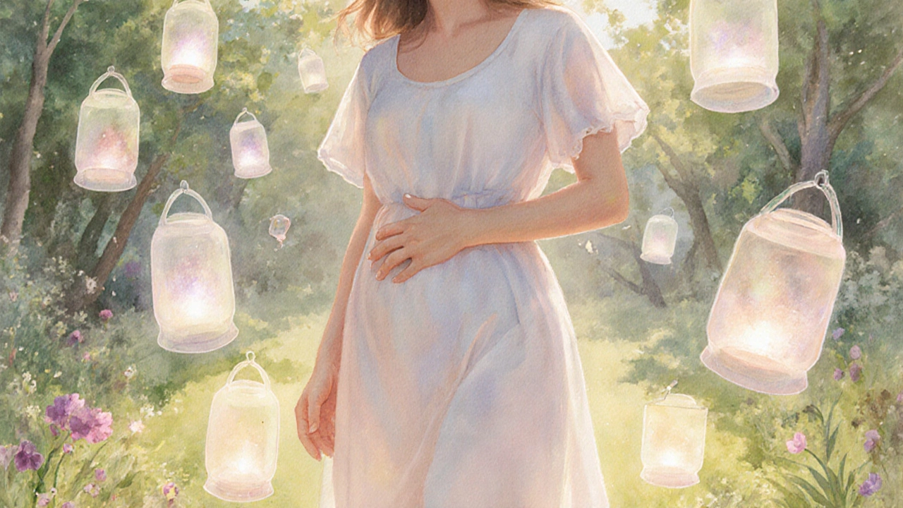 Женщина в саду, вокруг нее светящиеся фолликулы, символизирующие естественное разрешение кисты.