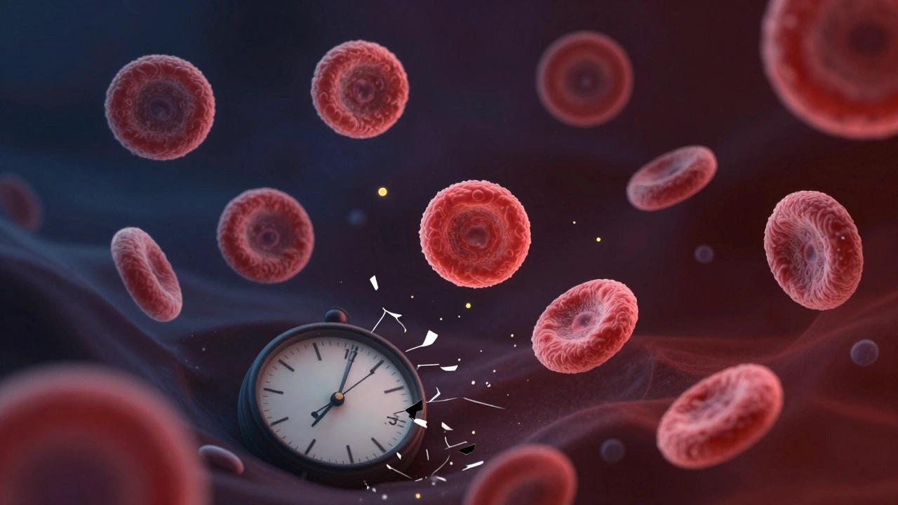 Абстрактное изображение кровяных клеток, замедленных из-за бессонницы, с золотыми частицами стрессовых гормонов вокруг.