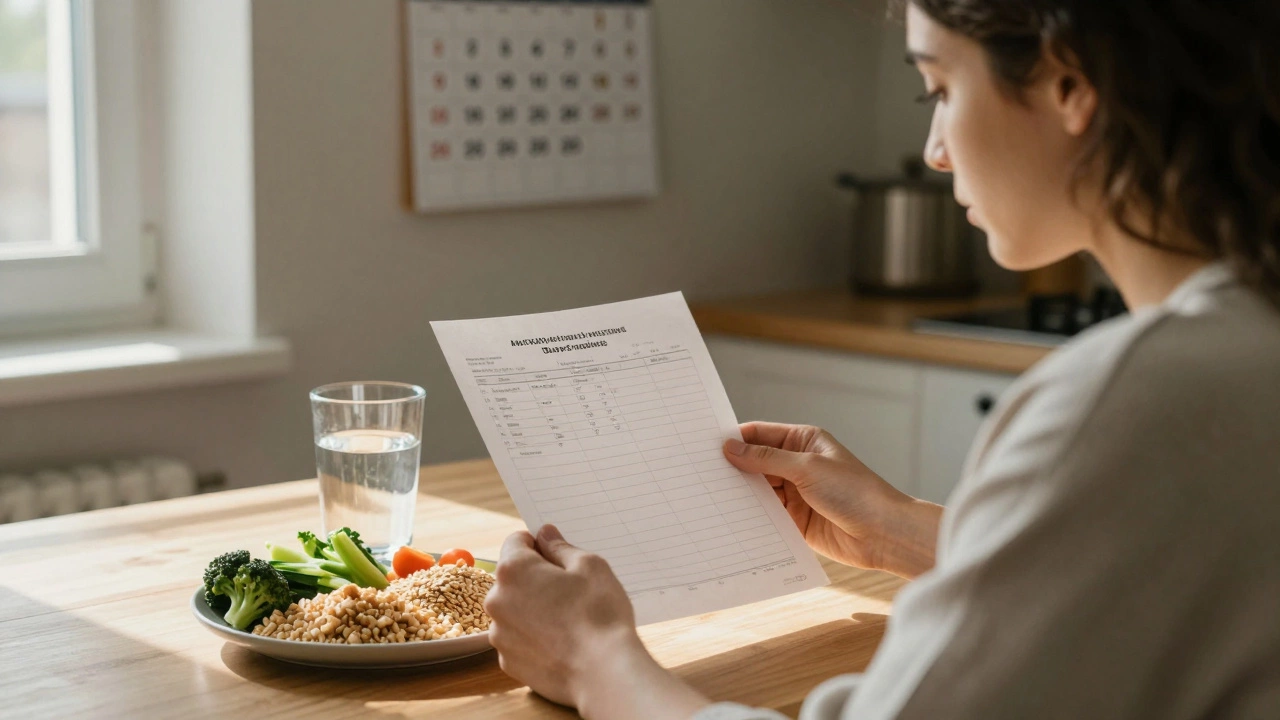 Человек смотрит на результаты анализов за кухонным столом, рядом — овощи и вода, утром светит солнце.