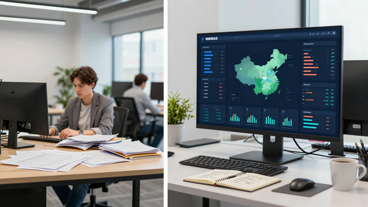 Два офиса: слева — хаос с устаревшими таблицами, справа — чистый рабочий стол с живой аналитической панелью.