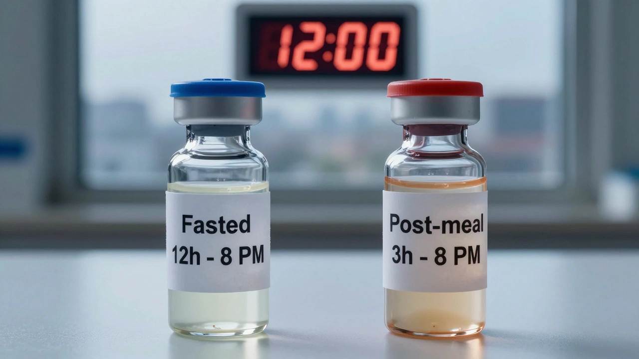 Две пробирки с кровью: одна чистая — после голодания, другая мутная — после еды.