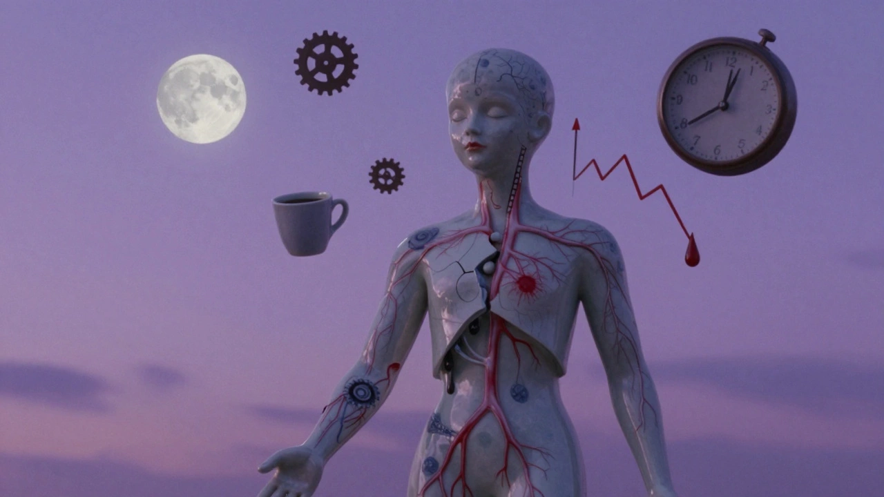 Хрупкая керамическая фигура с кровеносными сосудами, истекающими каплями, символизирующая истощение организма после бессонницы.