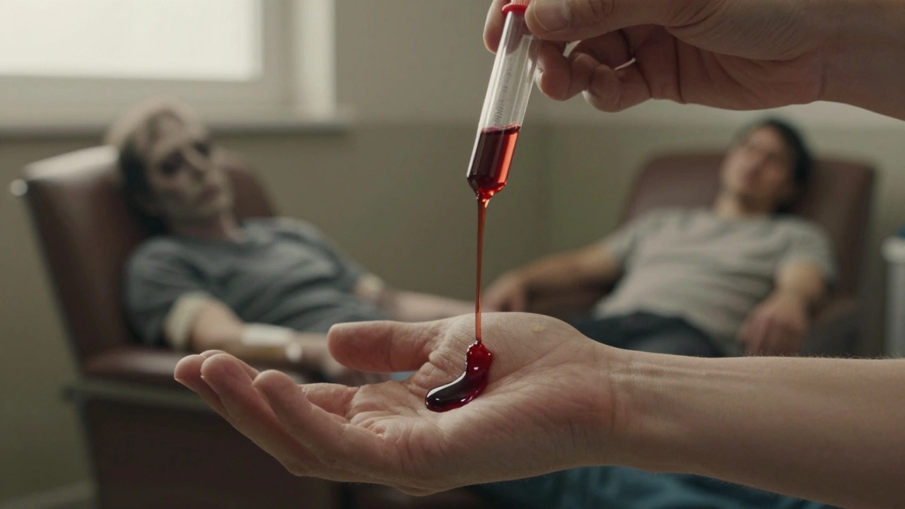 Кровь течёт медленно и мутно в пробирке, а в отражении видна уставшая и спящая версии одного и того же человека.