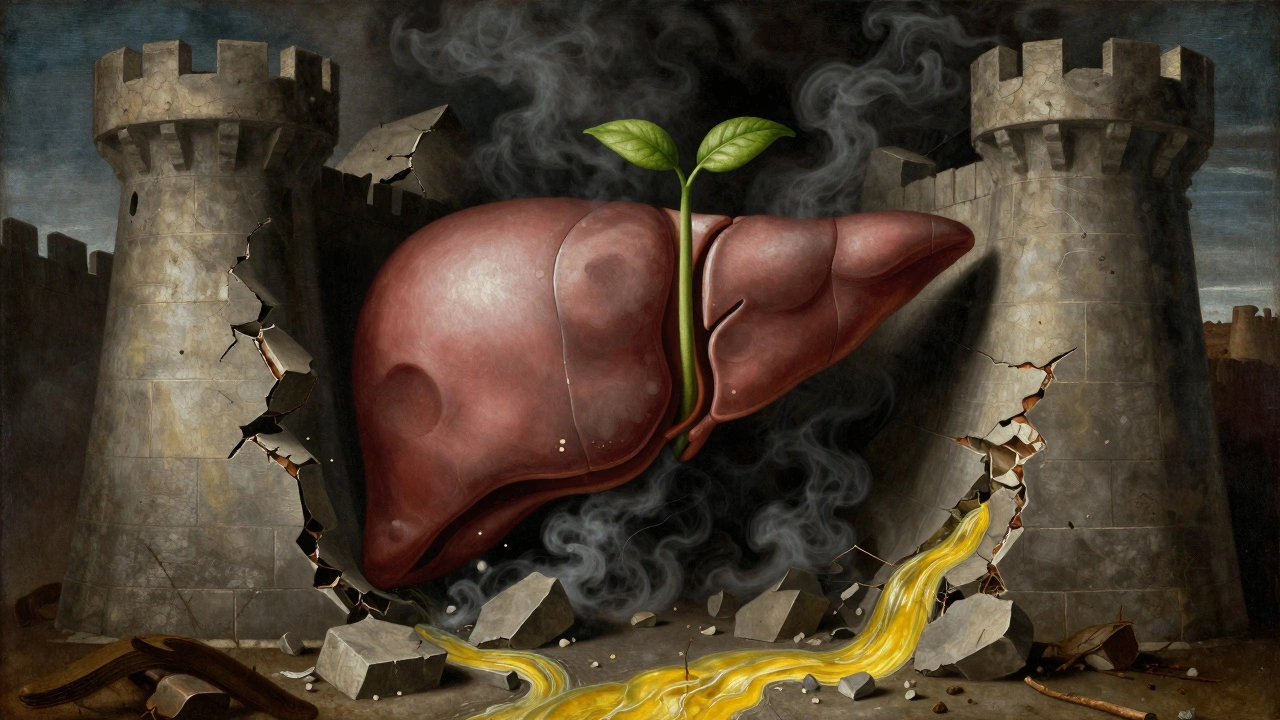 Печень как разрушающийся замок, атакуемый дымом и желчью, с зеленым ростком надежды