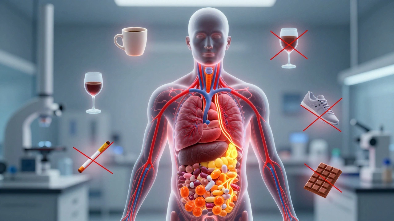 Прозрачная фигура с кровеносными сосудами, окружённая запрещёнными предметами, влияющими на анализы.