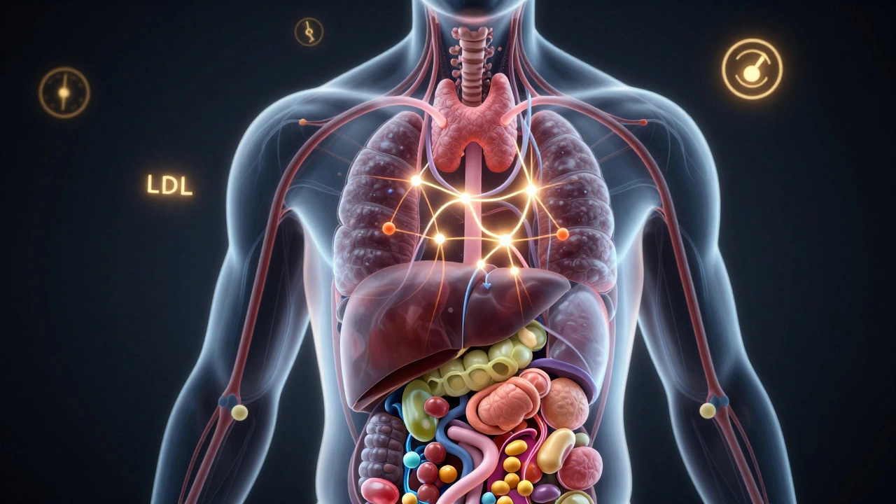 Прозрачное изображение тела с активными эндокринными органами и липидами в кровотоке.