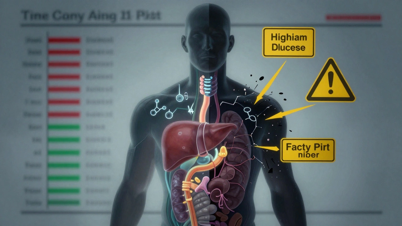Силуэт человека: одна половина здоровая с биохимическими сигналами, другая — разрушенная, с признаками метаболических нарушений.