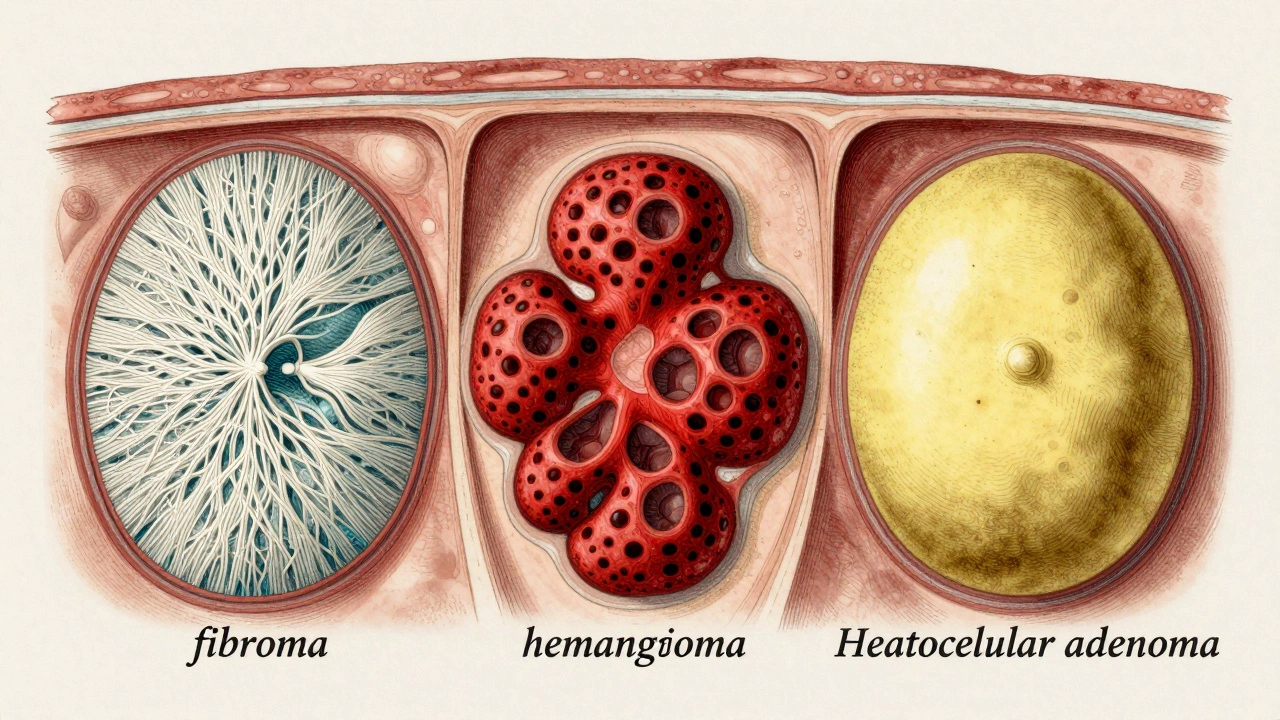Сравнение трёх типов доброкачественных опухолей печени в анатомическом разрезе