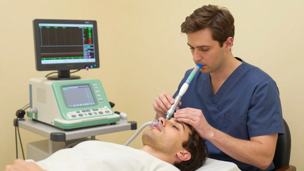 Врач проводит измерение базального обмена с помощью портативного калориметра